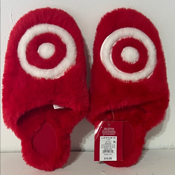 Shoes - New Red and White Fuzzy Slippers women size 9/10